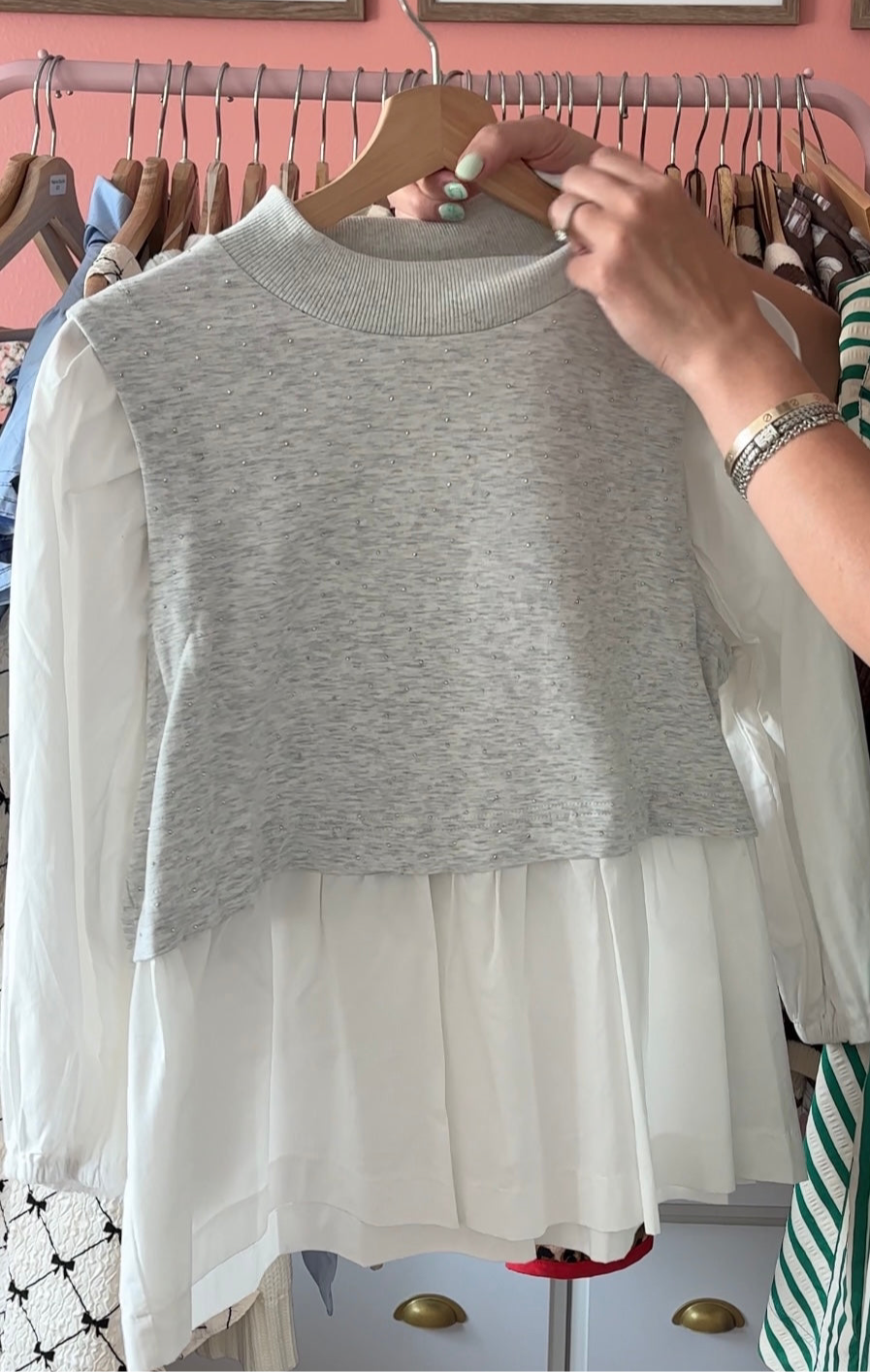 Layered Contrast Sweater Blouse – Gray & White
