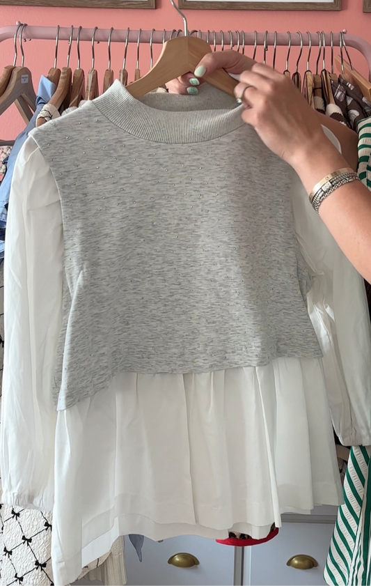 Layered Contrast Sweater Blouse – Gray & White