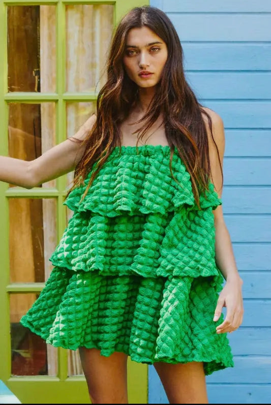 Emerald Ruffle Textured Mini Dress
