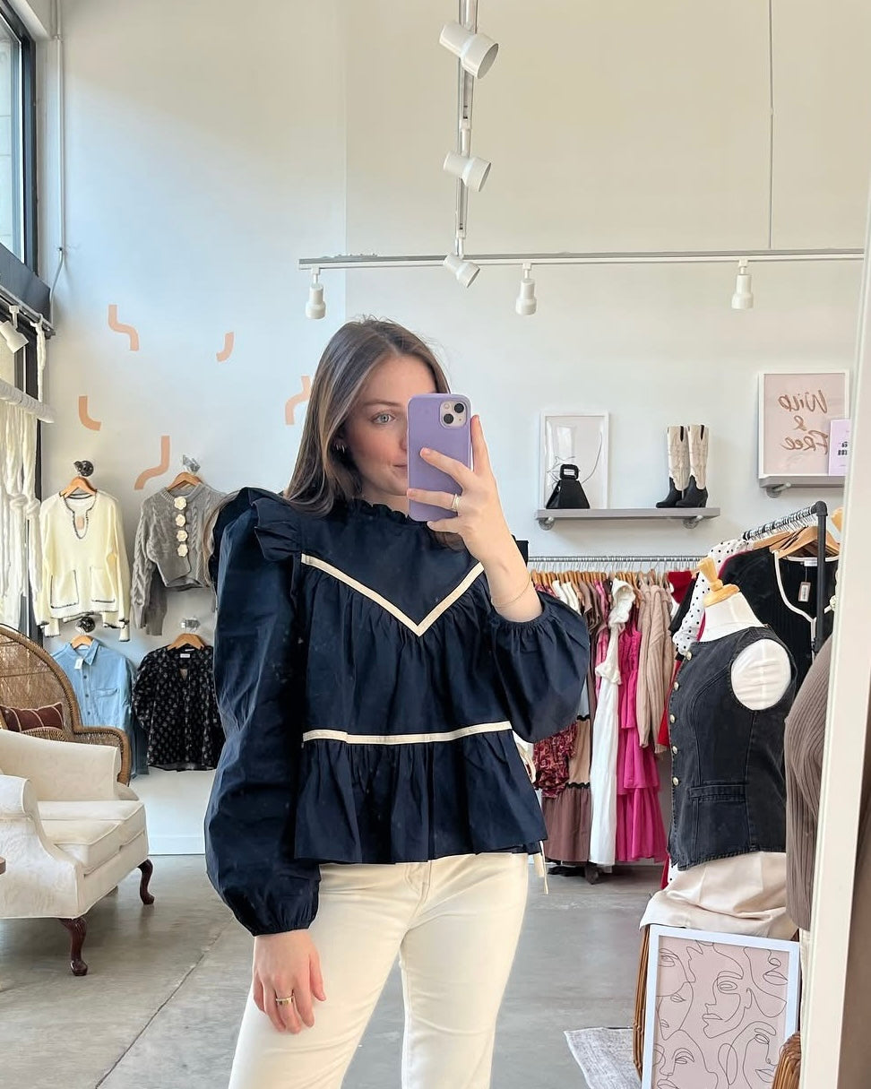 Ruffle Long Sleeve Navy Top